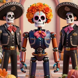 a mexican robot wearing mexican clothes in the day of the dead, smiling, surrounded by mexican drug dealers, digital illustration, amazing detail, ray tracing, symmetric, 3 d render, inspired by deema egorov and sebastian jm, concept art, vibrant, octane render
