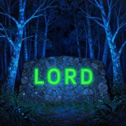 stone structure with bright green letters surrounded by blue bioluminescent trees in dense forest forest, at night night night, bright contrast, Ruan Jian, Ismail Inceoglu, Caspar David, digital 4K painting