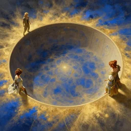 highly detailed portrait of a semicircular bounded space surrounded by golden and blue magic powder, ultra wide angle, finer details : 3, by ian fisher and greg rutkowski and alphonse mucha and william - adolphe bouguereau trending on artstation, concept art, smooth, sharp focus, illustration.