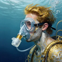 a man wearing oxygen mask underwater, has gold, silver with sea background intricate details with horror side profile by  bastien lecouffe deharme and Sandra Chevrier, intuitive