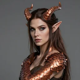 portrait of an elven woman with small copper horns and copper scales covering her arm and neck, by greg rutkowski, trending on artstation, dungeon and dragons art