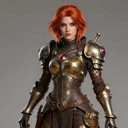 a beautiful woman wearing steampunk armor, redhead, short hair, digital art, extremely detailed