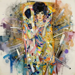 a mixed technique graffity infused colorful slightly abstract very dynamic fineart portrait by street artist heliobray. collage, made with different brushes, sprays and knifes. overdetailed, maximalist, but polished with clean linework. dynamic strokes and lineweight. muted pastel colors. in the style of mucha feat raibovitchev.