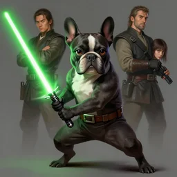 character concept portrait, jedi french bulldog holding a bright green lightsaber. combat stance. in the style digital painting, concept art, smooth, sharp focus, illustration, from metal gear, by ruan jia and mandy jurgens and william - adolphe bouguereau, artgerm