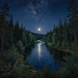 a detailed beautiful matte painting of a forested river valley under a starry night sky, moon reflecting on water, by Mikko Lagerstedt and Raphael Lacoste, fisheye lens