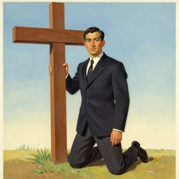 beautiful graphic full body portrait by hsiao - ron cheng, a man kneeling at a cross, 1 9 7 0 s illustrated advertising art, painterly character design by petros afshar, quint buchholz, cuno amiet, will barnet,