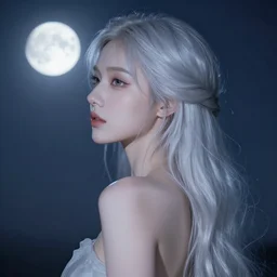 beatifull pale wan woman, feminine goddes, side view, lit only by the moonlight, silver hair!!, style of fernand khnopff and lucien levy - dhurmer, 4 k resolution, aesthetic!,