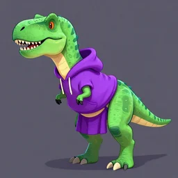 a green t rex wearing a purple hoodie and a purple skirt