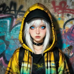 highly detailed portrait of a sewer punk lady student, blue eyes, burberry hoody, hat, white hair by atey ghailan, by greg rutkowski, by greg, tocchini, by james gilleard, by joe fenton, by kaethe butcher, gradient yellow, black, brown and cyan color scheme, grunge aesthetic!!! ( ( graffiti tag wall background ) )