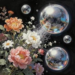 An epic fantastic realism comic book style painting of the most beautiful flowers launched into space, perfect shiny silver iridescent spheres, bouquets, fisheye lens, unreal 5, DAZ, hyperrealistic, octane render, dynamic lighting