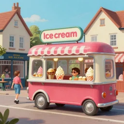 digital matte glossy painting nostalgic 1 9 5 0 s ice cream fan village britain, detailed in the style of trevor mitchell