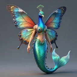 creature with butterfly wings, peacock head, and mermaid tail, syd mead, john harris, digital art, character design, unreal engine 5, ultra detailed, portrait