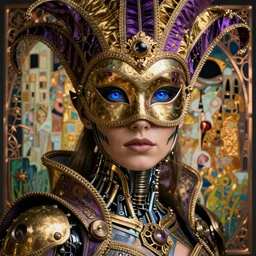 awardwinning photo of a beautiful female steampunk half cyborg with a detailed splendid venician carneval mask, artwork by james jean, hyperdetailed realistic gold and purple metallic, the eyes glow blue, jean delville, art nouveau, gustav klimt, ornate copper patina gothic icon, james jean, ultrasharp hyperdetailed photorealistic octane render