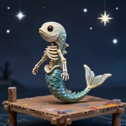 stop motion bipedal halloween skeletal eel skeleton fantasy mermaid with a boney fish body, on a spray painted cardboard dock with a hand painted night sky full of led glittery stars, adorable, side profile, macro camera lens