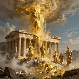 renaissance art gold drenched apocalyptic acropolis. gold cascade from the sky afternoon