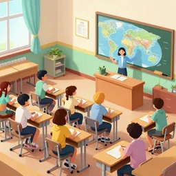 A teacher inside a classroom giving geography lessons to his students , artwork by Craig Mullins, isometric camera, detailed, trending on artstation