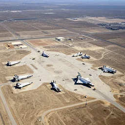 aerial view of area 51 with space ships on the ground
