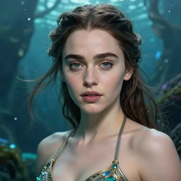 emilia clarke as khaleesi mermeid with a piercing gaze wearing an enchanted bikini in an underwater magical forest, highly detailed face, realistic face, beautiful detailed eyes, fantasy art, in the style of artgerm, illustration, epic, fantasy, intricate, hyper detailed, artstation, concept art, smooth, sharp focus, ray tracing, vibrant