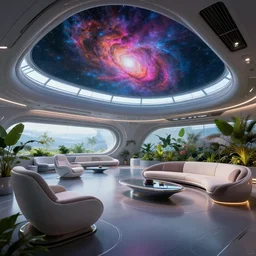 ultra modern concept design of a vast spaceship interior, futuristic chairs and sofas can be seen in the foreground, a large colorful nebula can be seen from a window, large plants in the background, trending on Artstation, wide angle shot