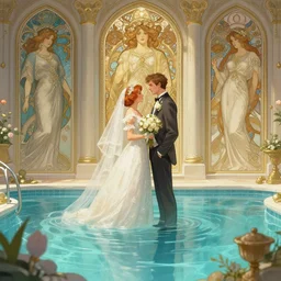 a wedding in a swimming pool, photography of kurzgesagt, deep focus, d & d, fantasy, intricate, elegant, highly detailed, digital painting, artstation, concept art, matte, sharp focus, illustration, hearthstone, art by artgerm and greg rutkowski and alphonse mucha