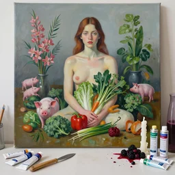 “ a portrait in a female art student ’ s apartment, sensual, vegetables, art supplies, paint tubes, palette knife, pigs, ikebana, herbs, a candle dripping white wax, squashed berries, berry juice drips, acrylic and spray paint and oilstick on canvas, surrealism, neoexpressionism ”