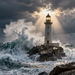 huge waves crashing over a lighthouse on huge jagged rocks with huge, very huge waves, scenic full shot, stormy sky, god rays, mad john martin