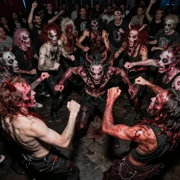 abstract mosh pit, slam dancing, circle pit demons, violent zombie dance, war photography, high detail, 4 k
