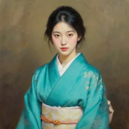 beautiful portrait painting an gorgeous asian girl wearing a teal kimono, oil painting, art by ruan jia