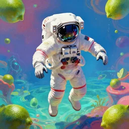 a digital painting of an astronaut!!!!!! floating in a bright colorful alien ocean surrounded by limes!!!!!!, sharp focus, retro futuristic by beeple, wayne barlowe, roger dean