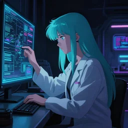 in the style of cyberpunk late 8 0's dark moody anime movie still : : neon science art : : long cyan haired science girl researcher : : somber far future lab background interior : : calm studying cyber board