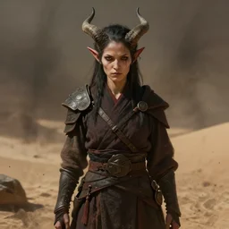 portrait of a female daemon monk warrior, small horns, unsmiling, stoic, in the style of victor adame minguez, trending on artstation, desert background, shadowy, chaotic undertones, high detail, 8 k
