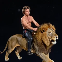 Harry Styles shirtless riding a lion in space