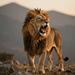 a beautiful photo of lion roar on mountain, hyper realistic, natural light, concept art, by greg rutkowski, cozy atmospheric and cinematic lighting