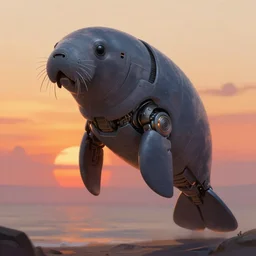 mech shaped like a manatee, machine, sunset, greg rutkowski, digital painting