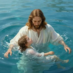 An epic matte painting of Jesus saving me in the Water, beautiful, stunning, gorgeous, 4k resolution, professional digital art, by wlop and George Rutkowski, f16, intricate