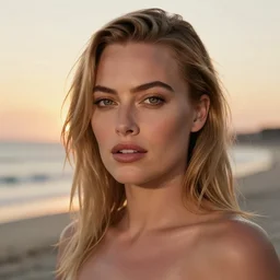 a portrait of margot robbie on the beach, sexy look, realistic eyes, beautiful eyes, 8k, hyper-detailed, cinematic, sunset