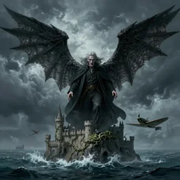 voldemort, huge wings, scary weather, stormy, ocean, exudes terror ， island ， castle ， vine, spitfire, photography, hyperrealistic, by greg rutkowski, smooth, illustration, elegant, artstation, digital painting.