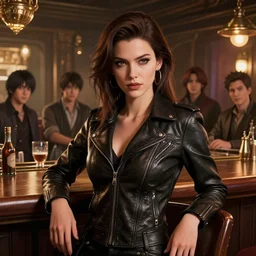 highly detailed portrait of a beautiful female wearing a skintight leather jacket in a bar, stephen bliss, 8 k, unreal engine, by greg rutkowski, loish, rhads, ferdinand knab, makoto shinkai and lois van baarle, ilya kuvshinov, rossdraws, tom bagshaw, global illumination, radiant light, detailed and intricate environment