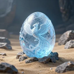 magic frozen ice phoenix egg, rock and sand around, peter mohrbacher style, ray tracing, cinematic, digital art, realistic, octane render