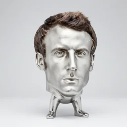 shiny metallic sculpture of emmanuel macron by jeff koons