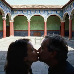 out of focus, dof a kiss in the foreground, head to shoulders, photography by saul leiter and ernst haas in an empty decorated pompeii court, airforce blue, red, bright pale green