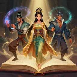 a female and three male characters coming to life from inside a book like genies, trending on artstation, detailed digital art