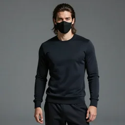 professional digital art of a young adult man with slightly long hair wearing a black face mask and a form-fitting dark sweatshirt with dark sweatpants, high quality, HD, 8K, highly detailed, award-winning, fantasy, quiet