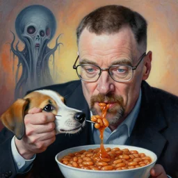 painting of walter white eating british baked beans, close up of puppy, by zdzislaw beksinski, by dariusz zawadzki, by wayne barlowe, amazing details, biomorphic, gothic, surrealism, cosmic horror, lovecraftian, cold hue's, warm tone gradient background, concept art, beautiful composition
