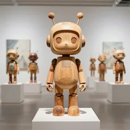 8 k photorealistic a wooden statue on a pedestal cute robot wooden, cyberpunk concept art contemporary art gallery art by shimoda hikari