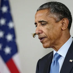realistic Obama stung by a bee on his nose