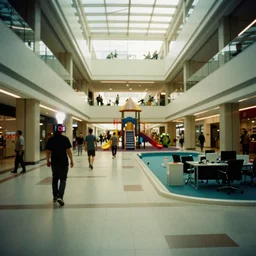 a weird place full of people but now empty with eerie feeling, disposable colored camera, camera flash, house, mall, hallway, playground, office, pool, interior, room