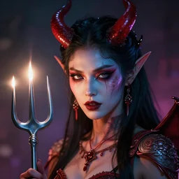 artistic portrait of a female demon, art by alessio albi 8 k ultra realistic, pitchfork, lens flare, atmosphere, glow, detailed, intricate, full of color, led lighting, trending on artstation, 4 k, hyperrealistic, 3 5 mm, focused, extreme details, unreal engine 5, masterpiece