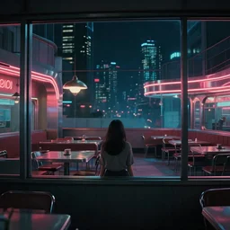 vertical movie frame portrait of girl in 5 0's retro restaurant interior, neon - decorated urban on night in the city seen through the window, modern interior design, architectural design, vintage, night blade runner, dark, postapocalyptic, clean lines, 4 k, octane, miyazaki, lunarcore city at distance outside, big windows, octane, wide angle