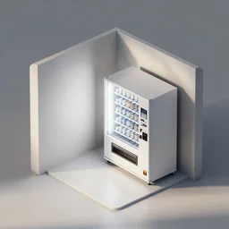 isometric view of break room underground with a vending machine, clean, minimalist, light and shadows, octane render